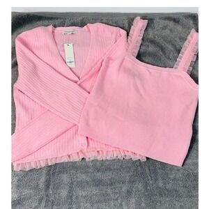 NWT Francescas Pink Ribbed Knit Cardigan and Tank Set Tulle Ruffle Trim M Pastel